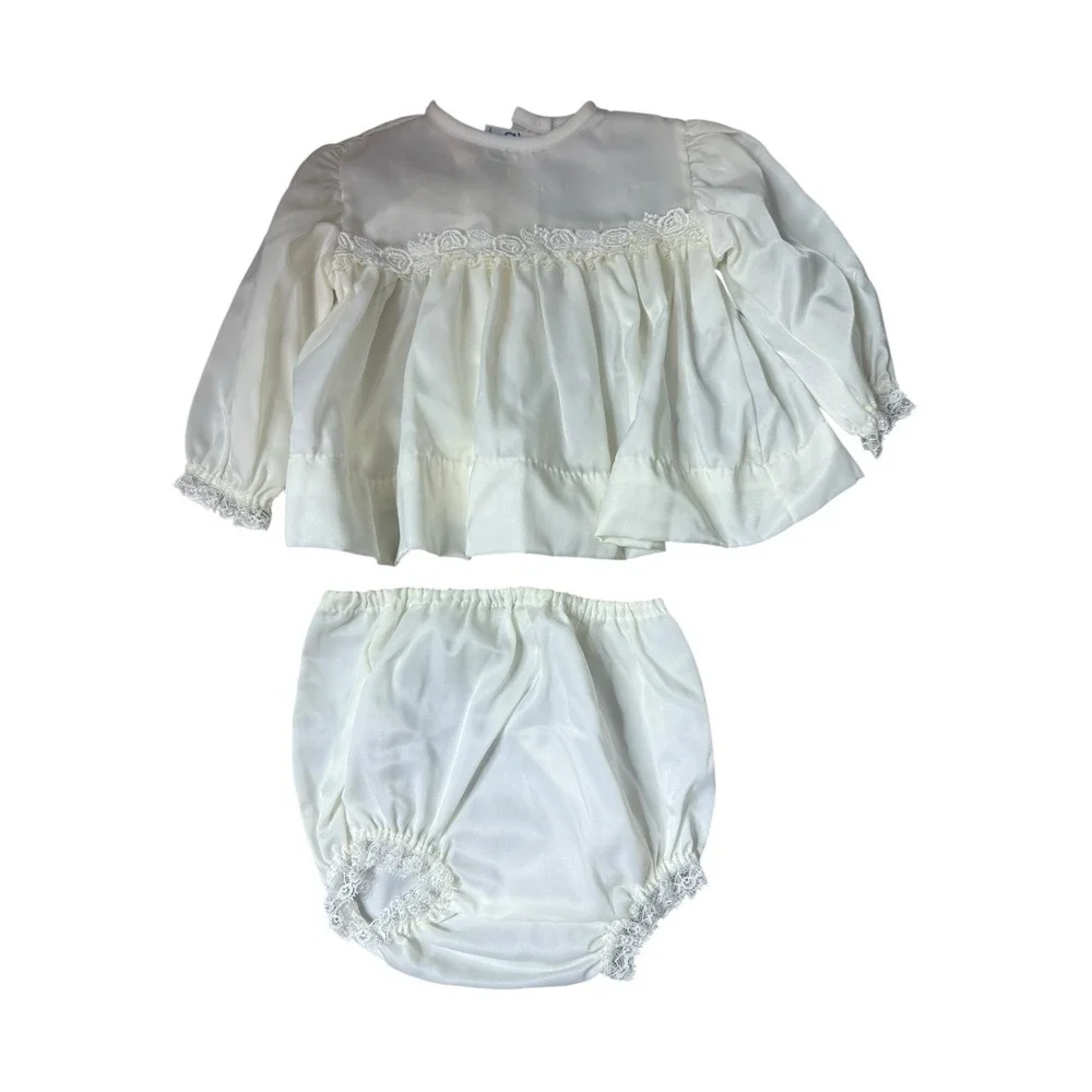 Vintage Baby Bliss Brand Clothing Satin White Baby Dress & Diaper Cover 0-3 mont